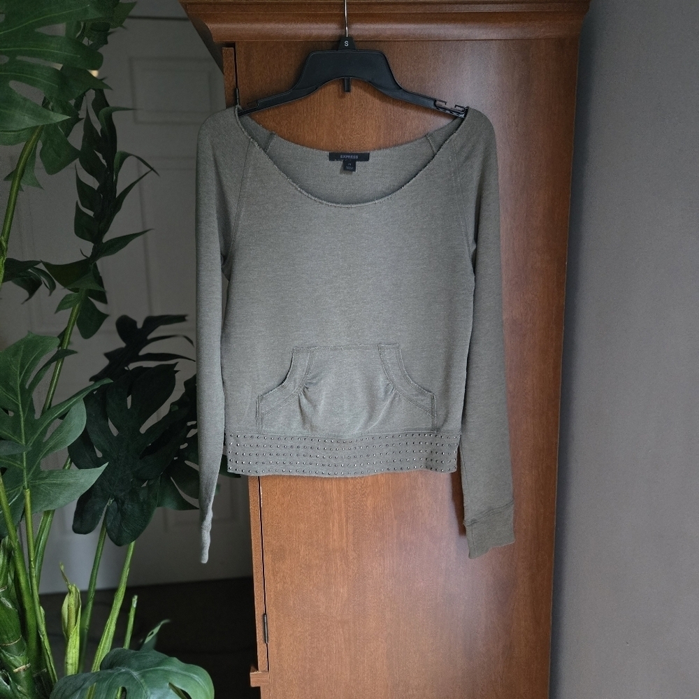 Express Olive Green Raw Crew Neckline With Studs Medium Sweater